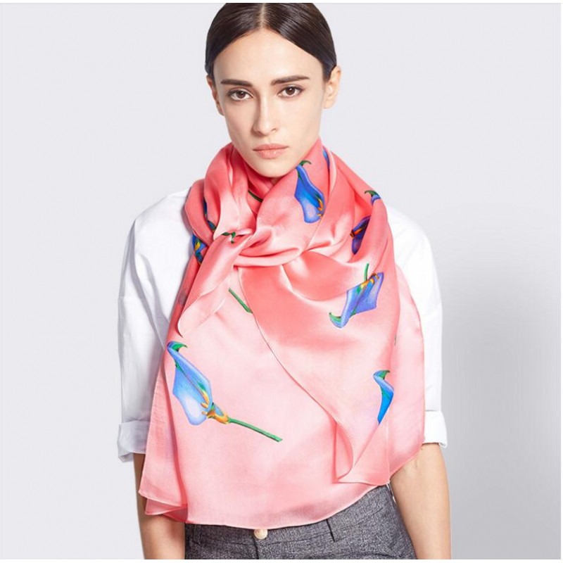 Pure Silk Scarf Gray Print Women Summer Scarf